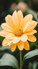 Obraz premium Delicate yellow flower with many petals opening gracefully against a soft green blurred background