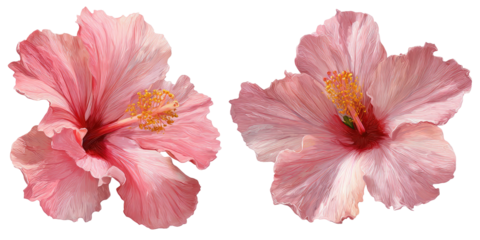 Two vibrant pink hibiscus blooms, detailed petals and prominent stamen on a dark backdrop