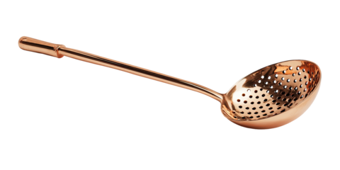 Copper-colored metal bar tool. Features a long handle and a perforated straining bowl