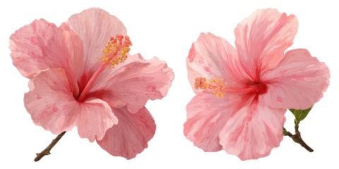 Delicate watercolor depiction of two blooming, pink flowers on dark background