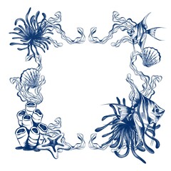 Hand Drawn Marine Frame Line Art for Fabric and Tableware Design