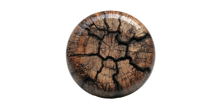 A stylized wooden orb with a cracked surface, presented on a stark black backdrop