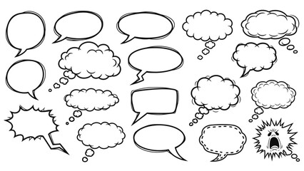Collection of Comic Speech Bubbles and Thought Clouds in Black and White.