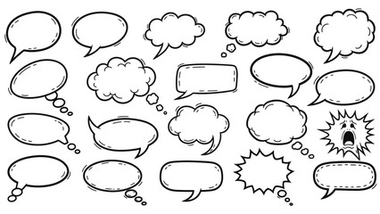Collection of Hand-Drawn Speech Bubbles with Various Shapes and Styles.