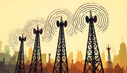 Cell towers transmitting signals in urban cityscape at sunset