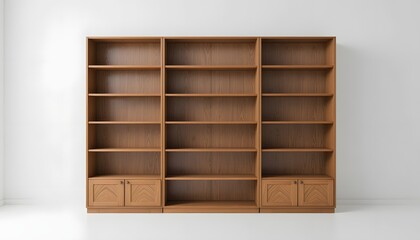 Large wooden bookshelf with cabinets on white background
