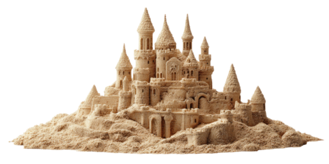 A detailed sand castle depicting a majestic fort with towers, spires and turrets, on a beach