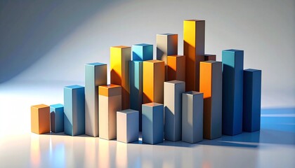 3D bar chart with gradient colors showing upward data trend on dark reflective background.