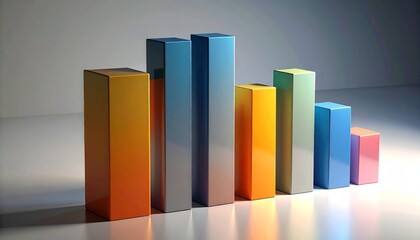 3D bar chart with gradient colors showing upward data trend on dark reflective background.