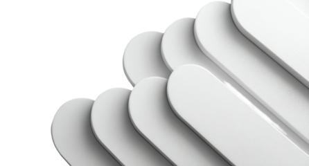 Artistic abstract composition, layered curved shapes in shades of white against a black backdrop