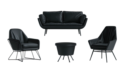 Set of black leather furniture with a sofa, two chairs, and a round coffee table on a black background