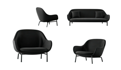 Four views of stylish, modern furniture in black with rounded forms and slim metal legs