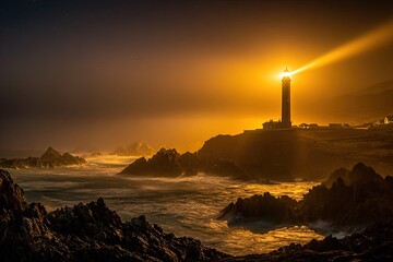Lighthouse Guiding Golden Light Through Nighttime Stormy Ocean