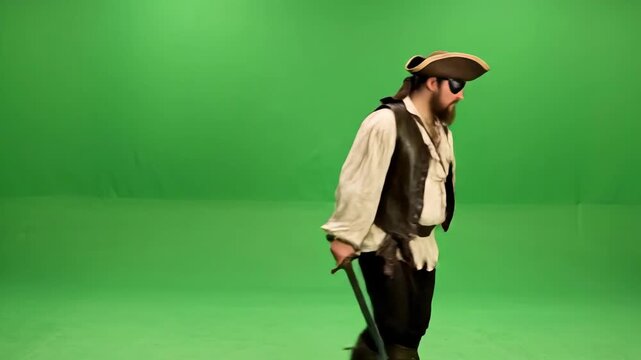 Green Screen of a Pirate Posing with a Sword in a Studio