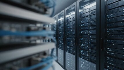 Inside a modern data center with numerous server racks, blinking lights, and network cables. Essential for digital information processing and storage. - Powered by Adobe