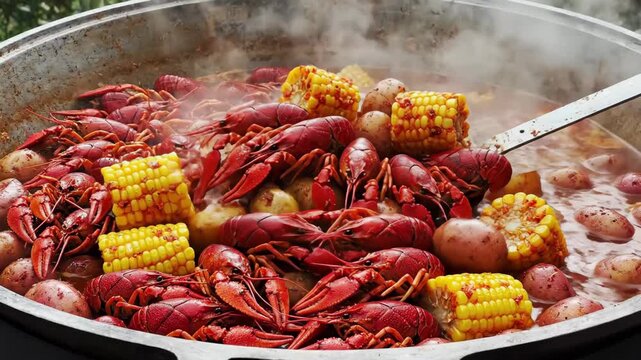 Large Outdoor Cajun Crawfish Boil With Corn and Potatoes Steaming in a Big Pot