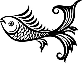 Fototapeta premium Stylized decorative fish with ornate fins and scales, elegant aquatic design in black and white