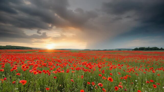 Dramatic time lapse of a beautiful red poppy meadow during a stormy sunset. Heavy rain clouds gather and move across the sky, creating a moody and atmospheric scene