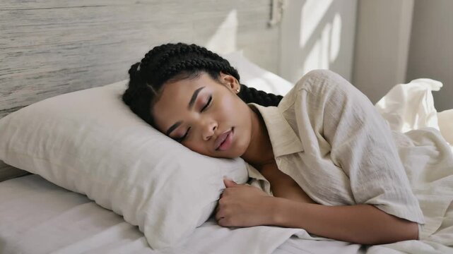 Serene young black woman with braided hair resting peacefully in a sunlit bedroom. Adult female enjoying a good night's sleep for wellness and self-care