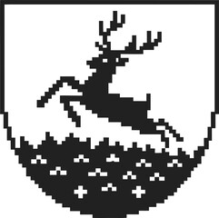 Fototapeta premium Pixel art leaping deer emblem above patterned ground in black and white design