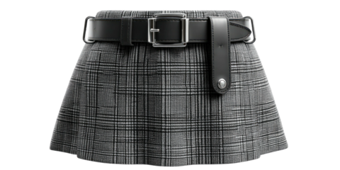 Gray plaid pleated skirt with a leather belt and a metal buckle