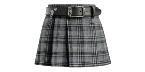 A gray tartan pleated mini-skirt with a black leather belt and silver buckle, isolated