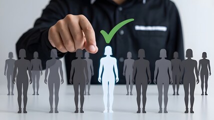 Candidate Selection and Recruitment Hand Pointing to Glowing Female Icon with Checkmark Surrounded by Silhouette Figures for HR and Job Placement