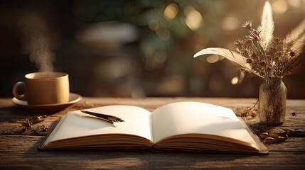Open Book With Coffee And Dried Flowers On Rustic Wooden Table