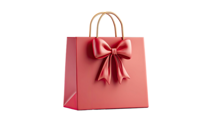 A rendered red gift bag with a large ribbon bow, gold handles, and solid black background