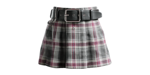 A digitally rendered, short, pleated plaid skirt, with a dark leather belt and a buckle