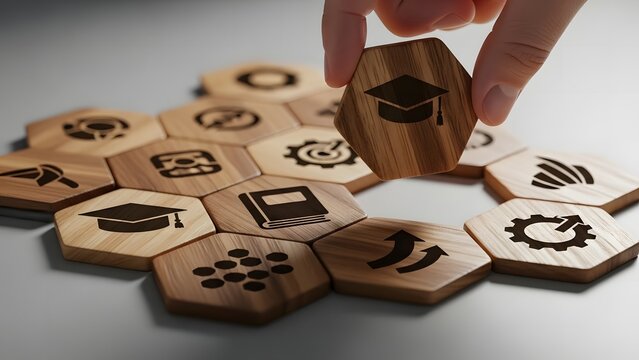 Education and career development pathway with hexagon learning tiles - Powered by Adobe