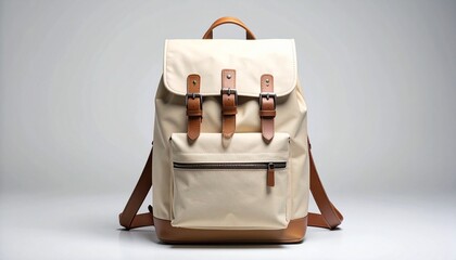Beige backpack with brown leather straps, flap closure, front pocket, minimalist design.