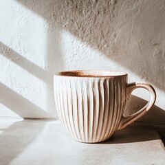 Elegant White Ceramic Mug With Gold Stripes In Sunlight