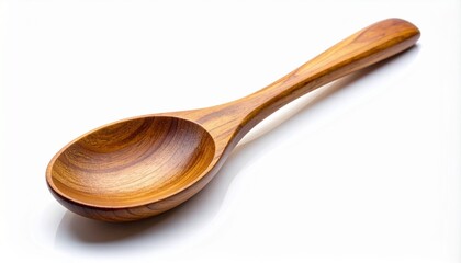 Wooden spoon with polished grain, round bowl and tapered handle on white background.