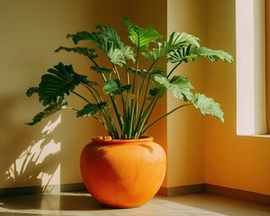 Orange Potted Plant With Green Leaves In Sunny Room