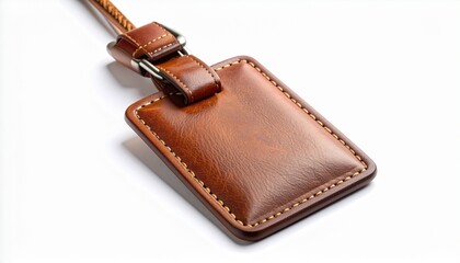 Brown leather luggage tag with strap and buckle, rectangular shape, stitched edges.