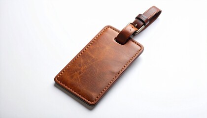 Brown leather luggage tag with strap and buckle, rectangular shape, stitched edges.