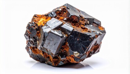 Dark metallic mineral with orange-brown crystalline structure, sharp angular faces, geological specimen.