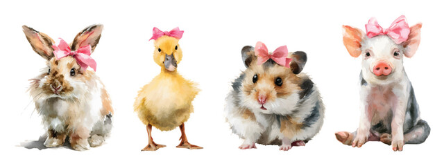 Watercolor cute baby animals valentine elements set, rabbit, duckling, hamster, and piglet with pink bows isolated on transparent background