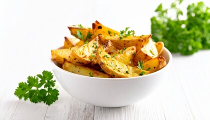 White bowl of golden potato wedges with parsley garnish on wooden surface.