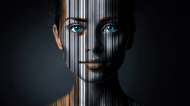 A surreal portrait of a consumer with barcode patterns on their face. Symbol of a major environmental problem caused by urban overconsumption waste. Abstract image.