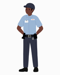 Obraz premium Black Guard wearing summer blue uniform Hands on hips. Strict man with walkie-talkie on his belt and badge on his shirt