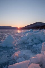 Frozen Lake Sunset With Ice Formations