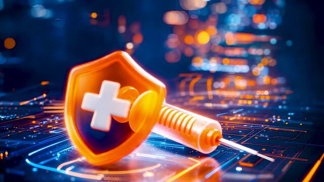 Digital security shield with medical cross and encryption key on glowing circuit platform showing cyber safety systems and secure access control