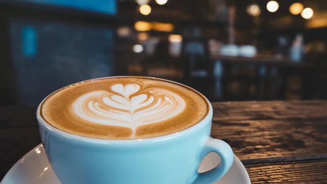 Web banner showing a sequence of a hot cappuccino with beautiful latte art in a blue cup. A cozy coffee shop scene on a rustic wooden table for a cafe or restaurant menu