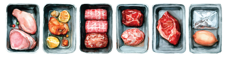 Watercolor raw meat packaging set, pork, beef, chicken, and ground mince in supermarket tray isolated on transparent background