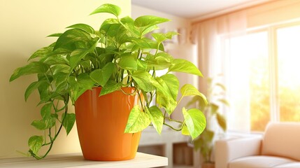 Potted Golden Pothos Plant In Orange Pot With Natural Light