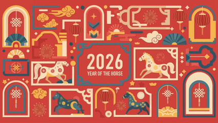 2026 Year of the Horse Celebration Pattern with Chinese Elements