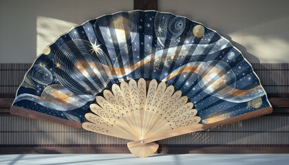 宇宙と星を描いた和風扇子イラスト：Japanese Fan with Starry Cosmic Design
