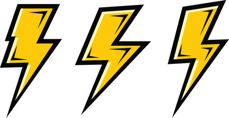 Three yellow lightning bolt symbols with black and white outlines electricity energy © MD. ABDUL BATEN